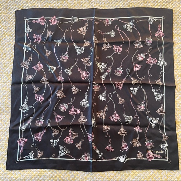 NWT Kate Spade 100% Silk Black Pink Scarf White Tassel Design KS1003681 - Picture 1 of 7